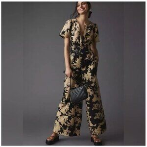 Anthropologie Somerset Black and Tan Floral Jumpsuit